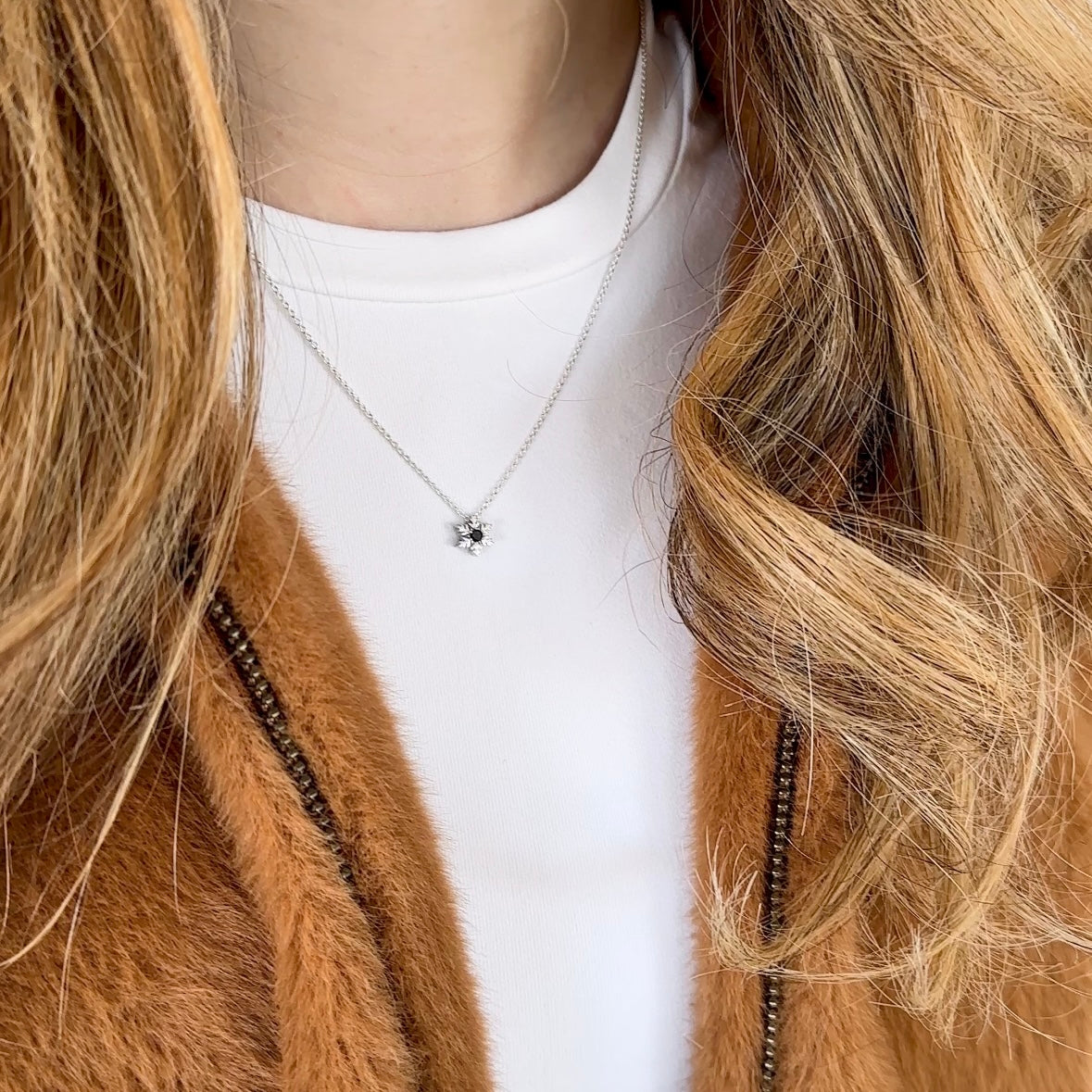 Wearing Silver Aprés-Ski Necklace with Black Diamond
