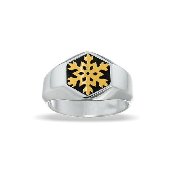 Men's Snowflake Ring Hexagonal with black enamel and yellow gold