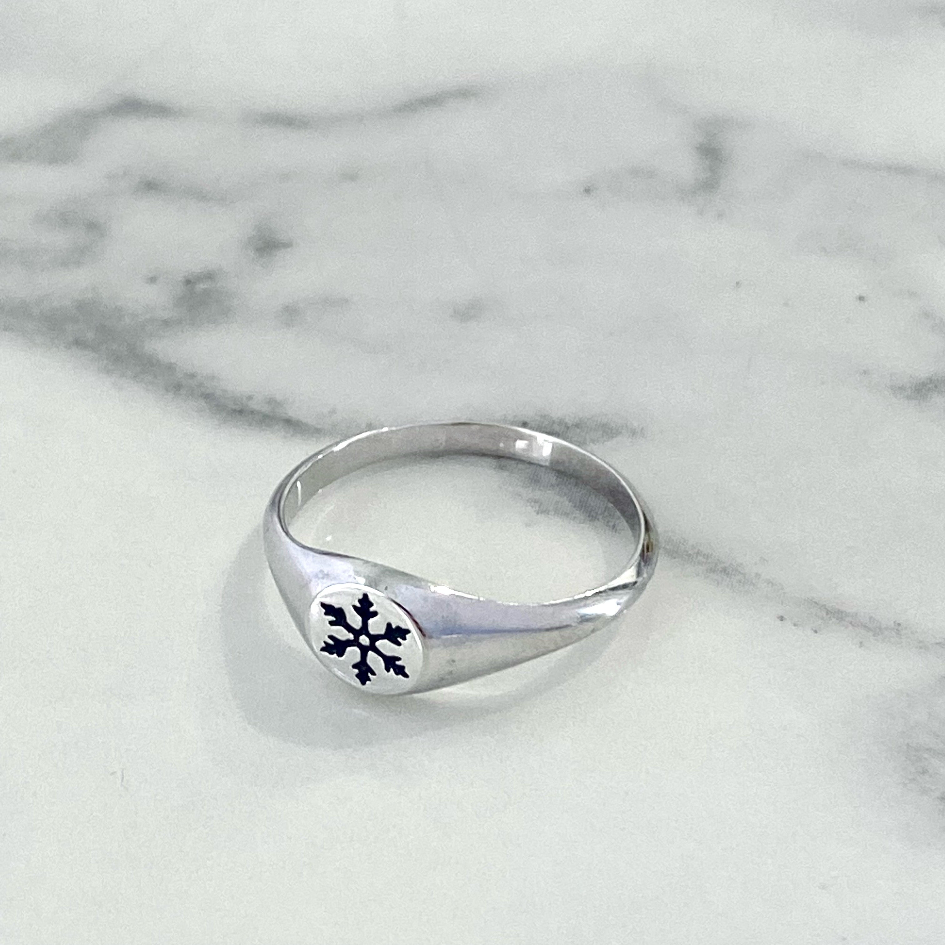 Silver Snowflake Signet Ring with Black Enamel