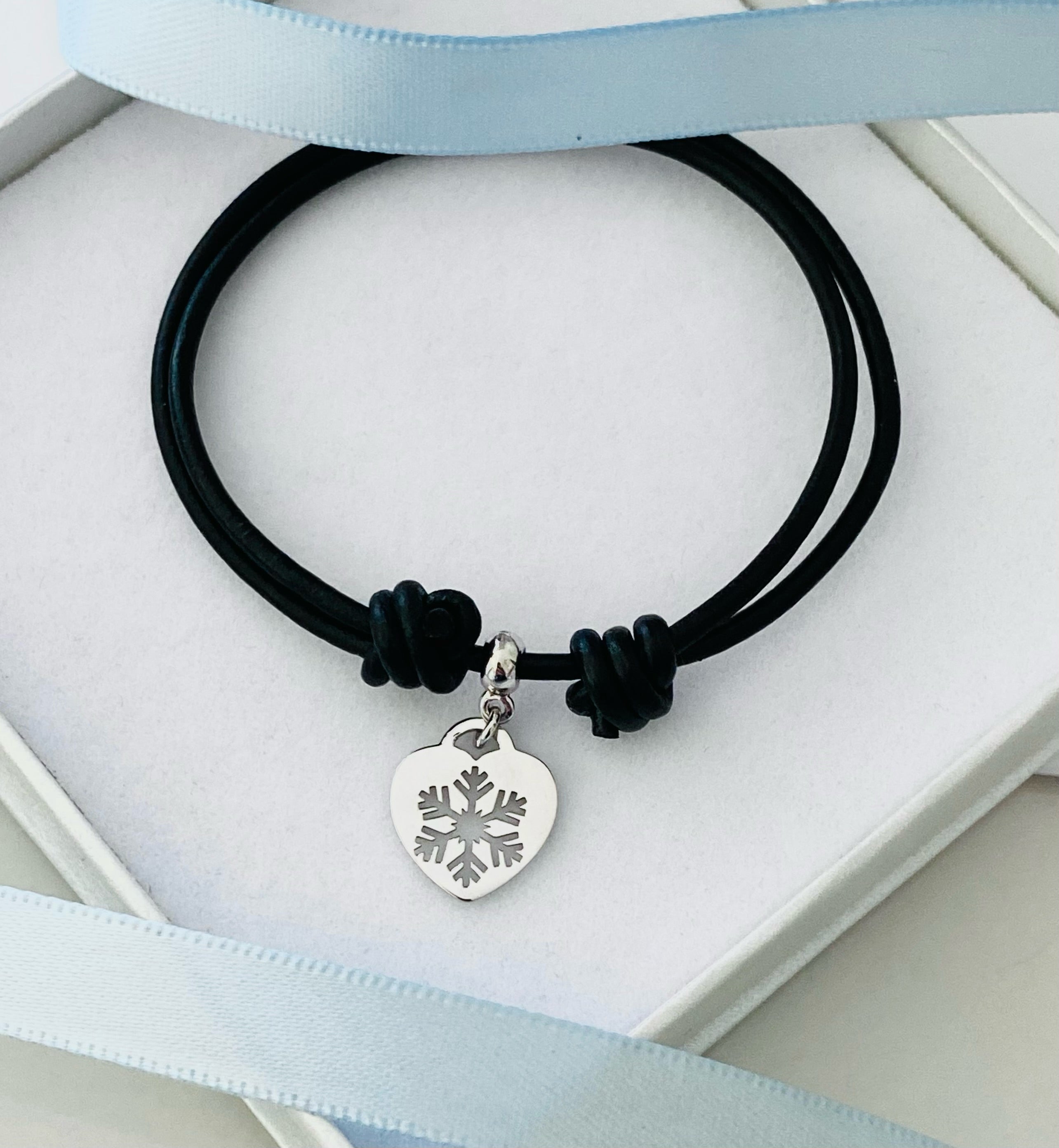 Black Leather Snowflake Bracelet with Heart Charm