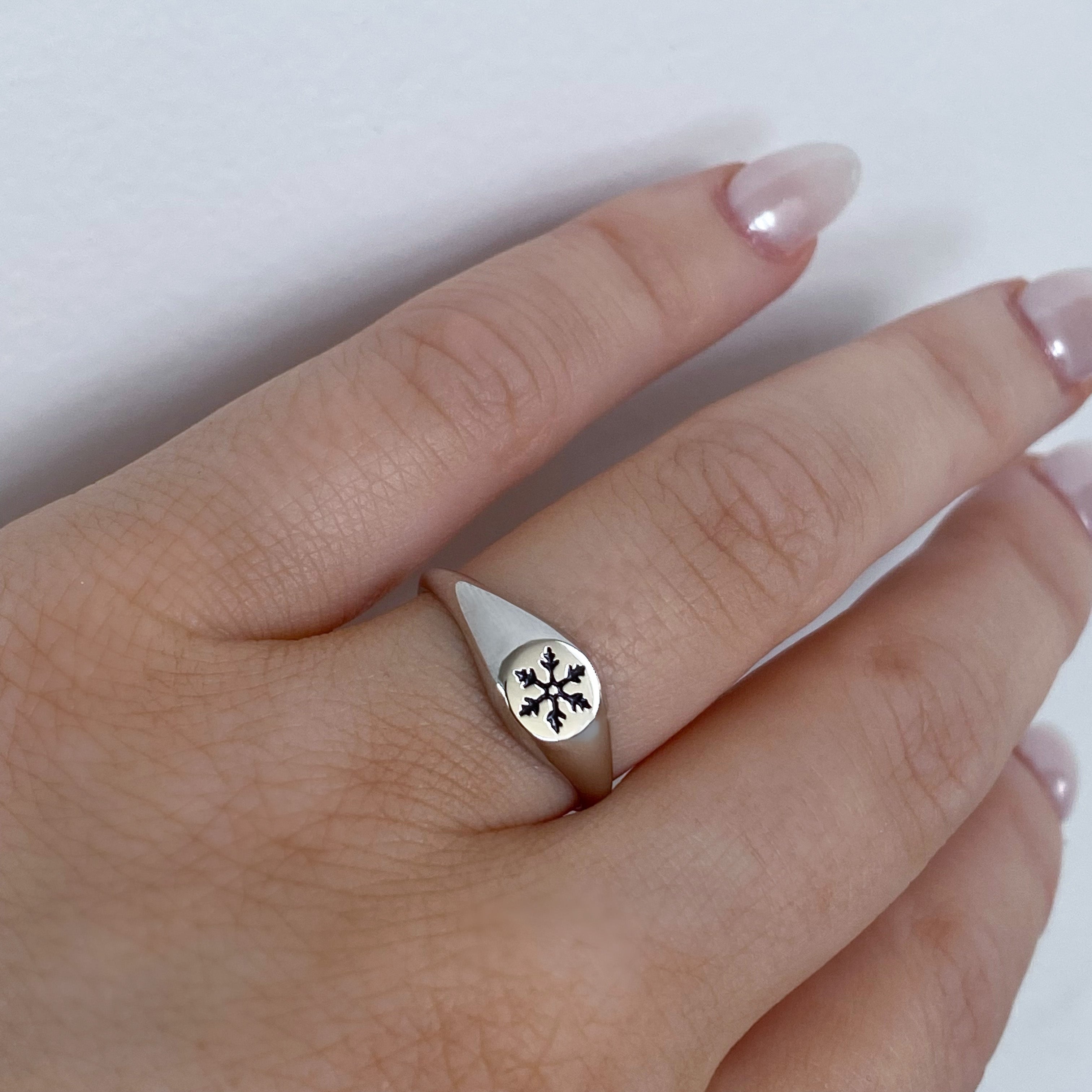 Silver Snowflake Signet Ring with Black Enamel