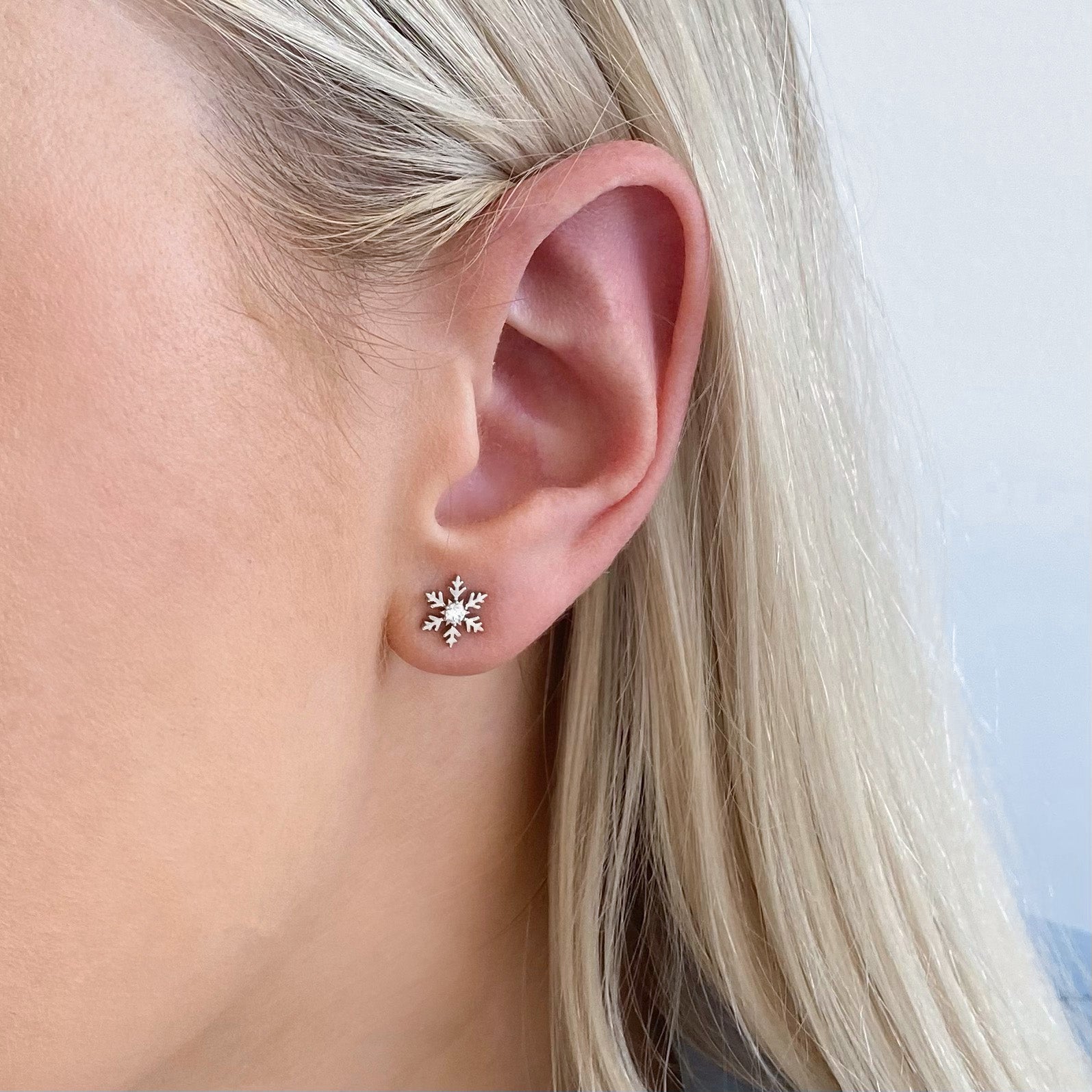 Diamond Snowflake Earring Studs in 9ct White Gold in ear