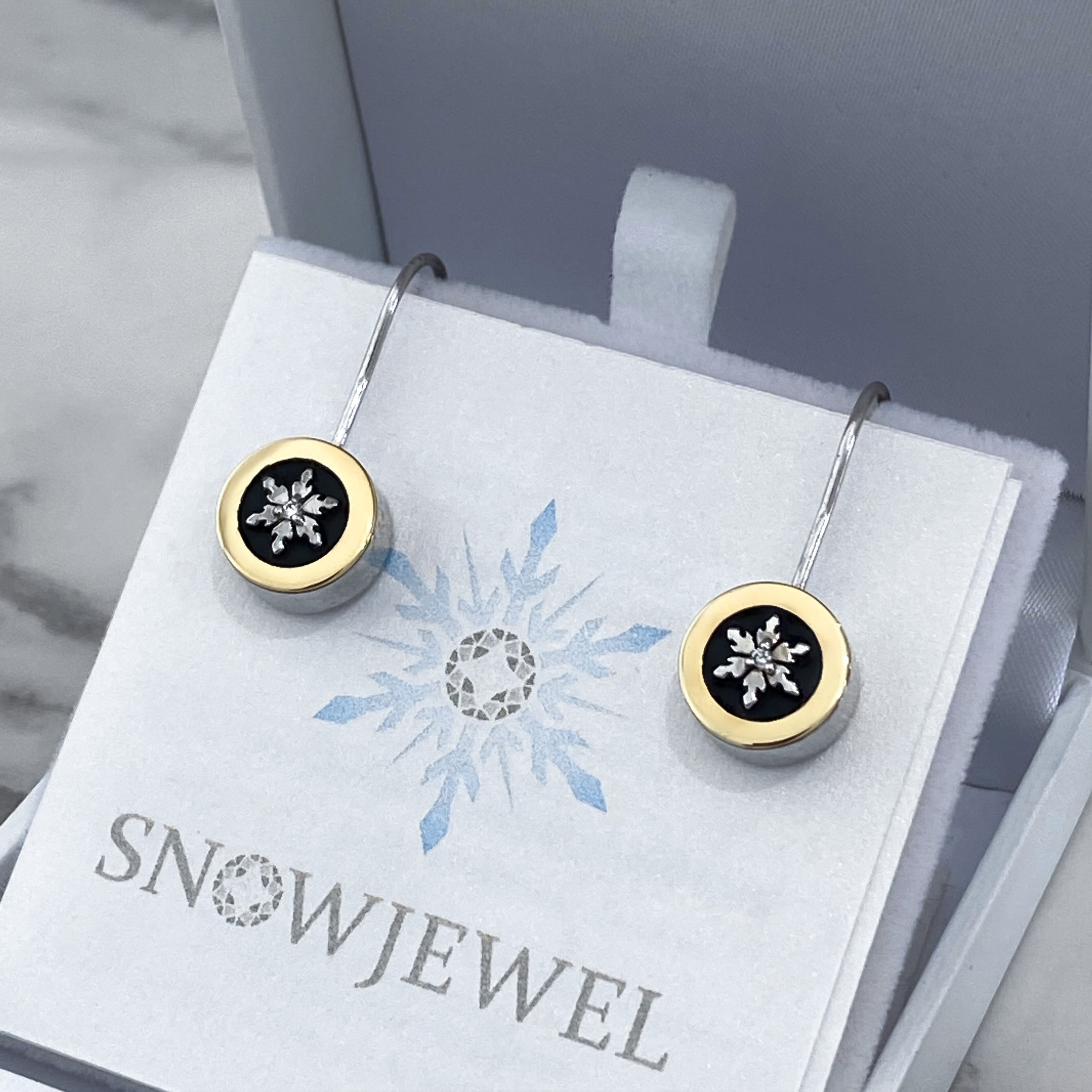 Snowflake Earrings in Silver, Yellow Gold and Diamond Frosting 2