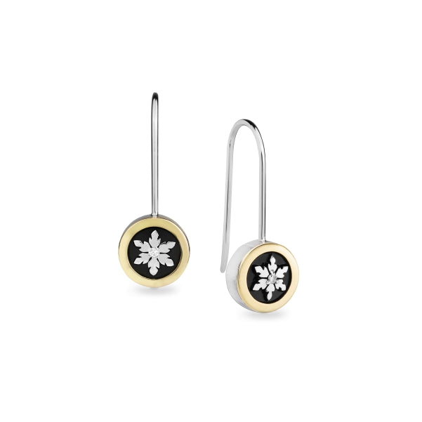Snowflake Earrings in White and Yellow Gold and Diamonds