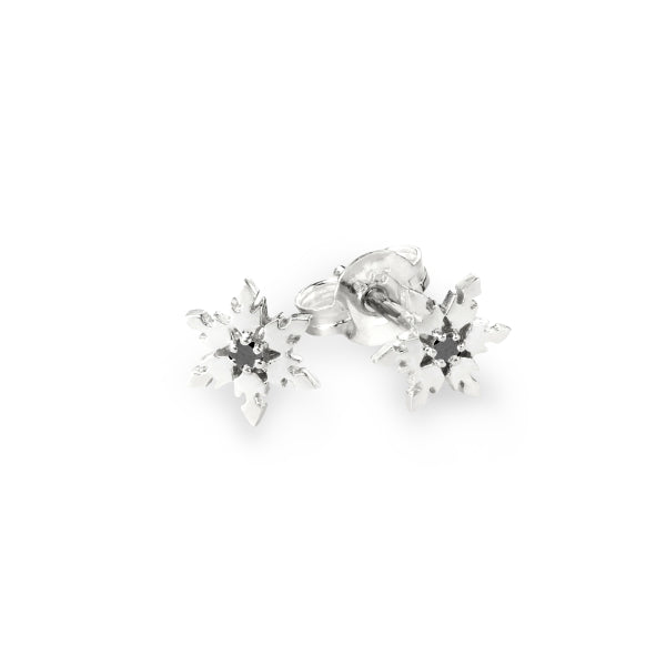 Small Snowflake Earring Studs with Black Diamonds