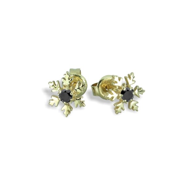 Black Diamond Snowflake Earring Studs in 9ct Yellow Gold