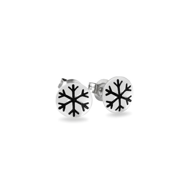 Snowflake Stud Earrings with Black Enamel Accent