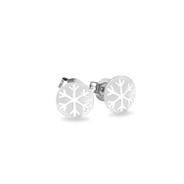 Snowflake Stud Earrings with White Enamel Accent