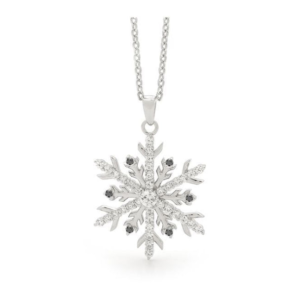 White Gold Snowflake Necklace with Black and White Diamonds