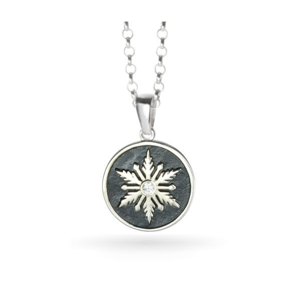 Snowflake Necklace Shimmer Disc Black Enamel