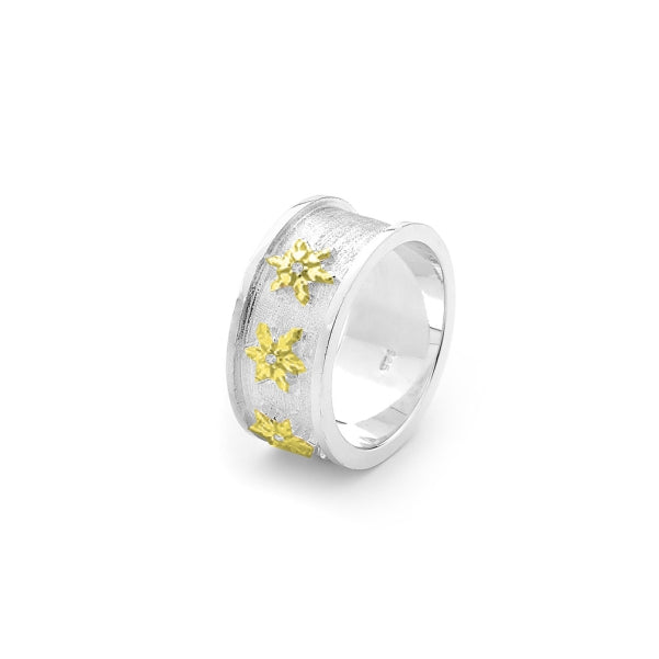 Snowflake Ring in Sterling Silver with Yellow Gold snowflakes