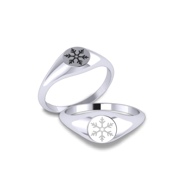 9ct White Gold Snowflake Signet Ring with Black Enamel