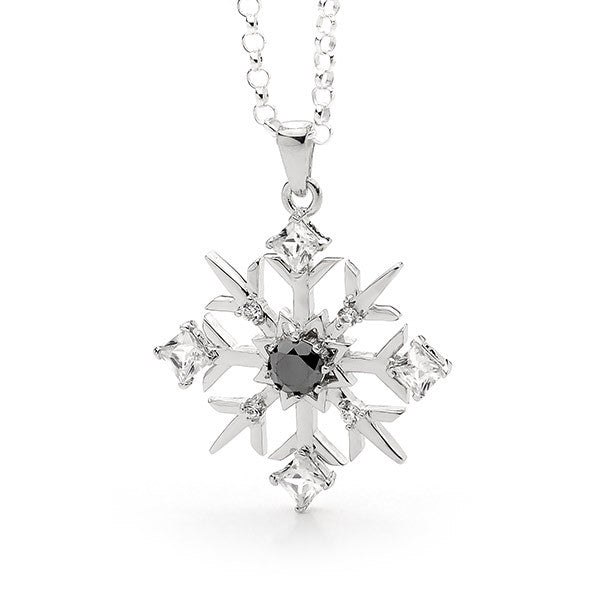 Black Diamond Snowflake Necklace in 18ct White Gold Bale Chain